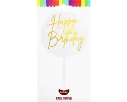 Happy Birthday Round Acrylic Cake Topper - Gold - Click Image to Close